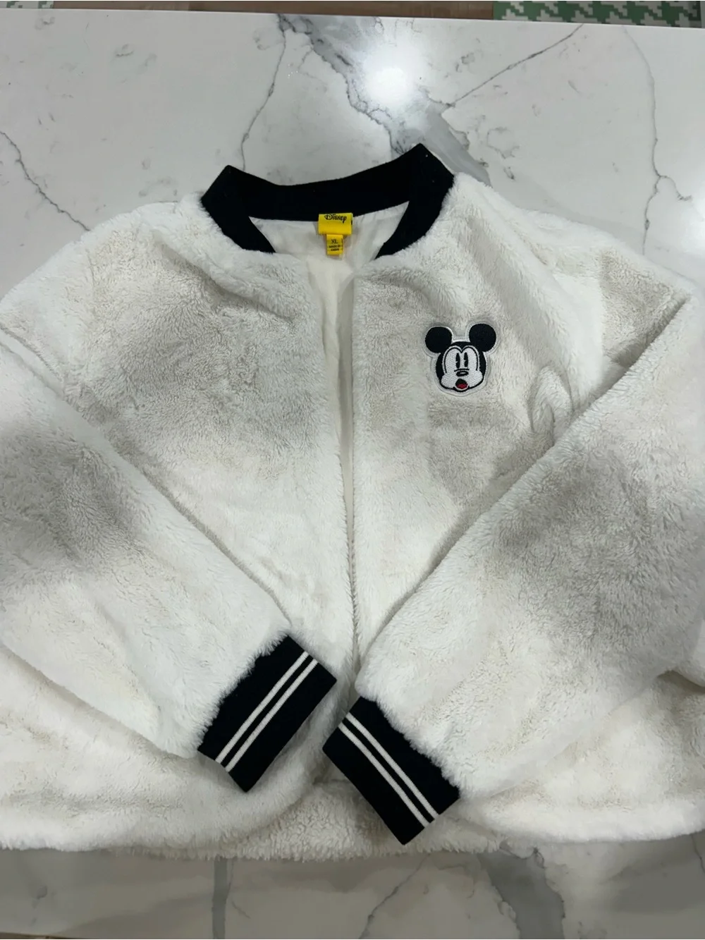 Disney White Faux Fur Bomber Jacket with Black Trim